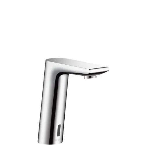Hansgrohe-Waschtischmischer mit elektronischer Steuerung, chromfarbig, mit Temperaturvoreinstellung. Schnelle Wasserabgabe durch sensorgesteuertes Design.